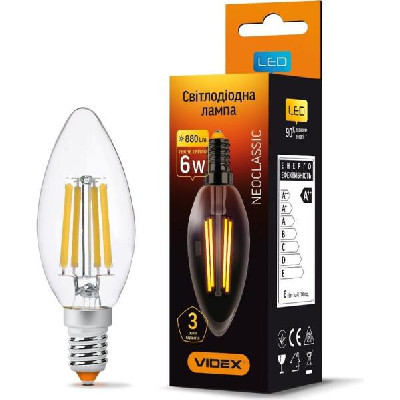 Лампа LED Filament C37F 6W E14 3000K 220V VIDEX