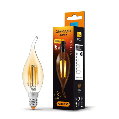Лампа LED Filament C37FtA 6W E14 2200K бронза 220V VIDEX