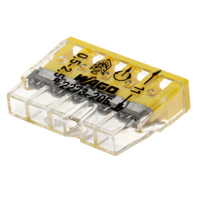 Клемма COMPACT для распред. коробок 5x2,5 прозора/жовта без пасти WAGO 2273-205