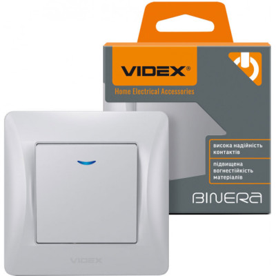 Выключатель одноклавишный с подсветкой серебряный шёлк VIDEX BINERA
